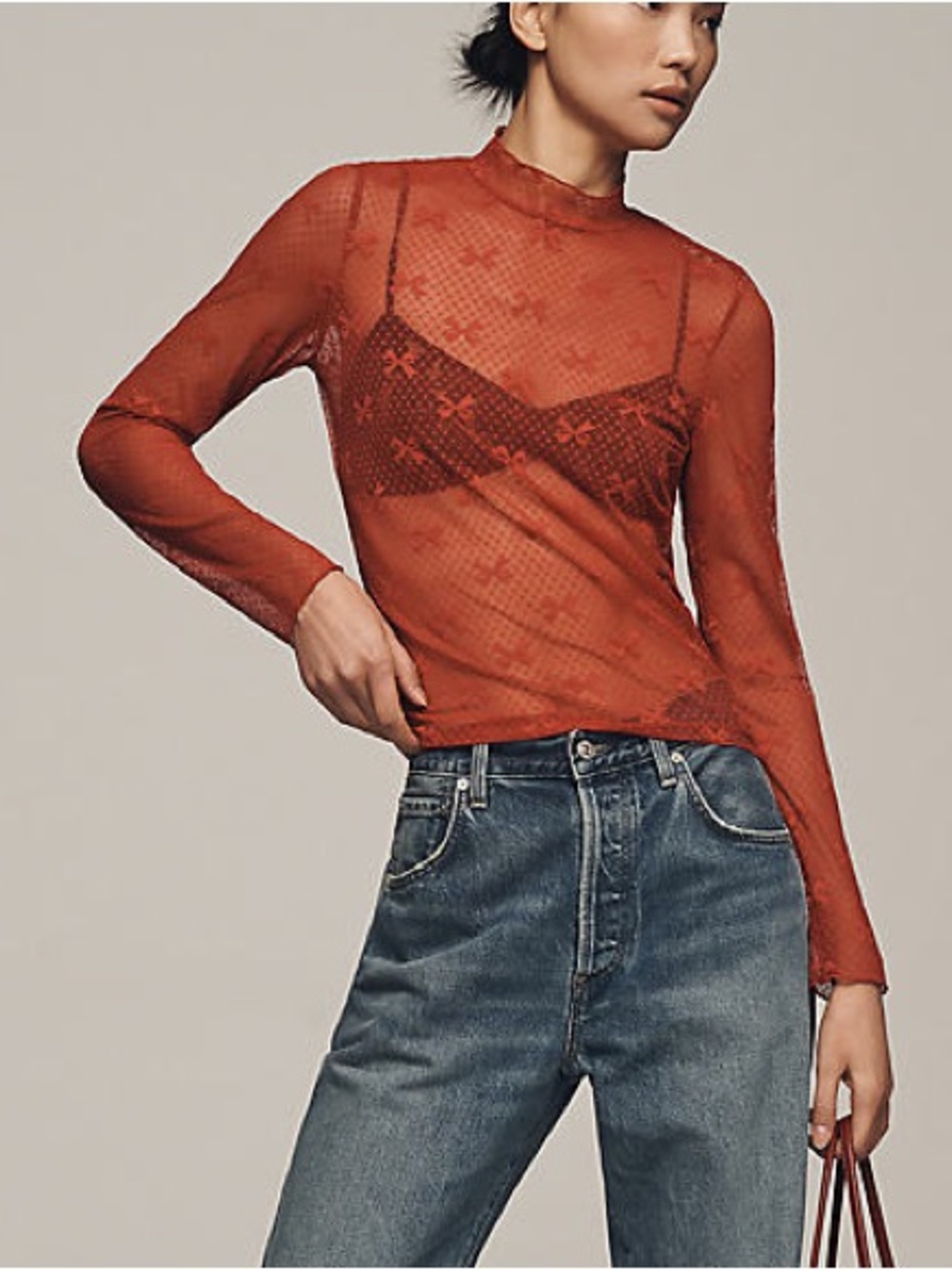 New Anthropologie Maeve Bow Lace Turtleneck Top in red sheer size small